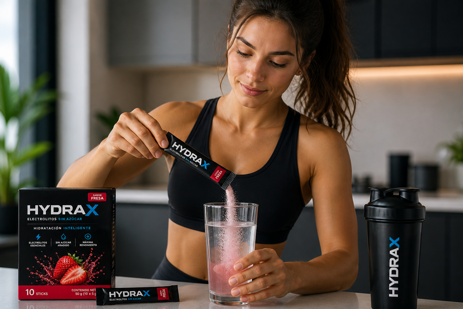 Mujer preparando HydraX sabor fresa
