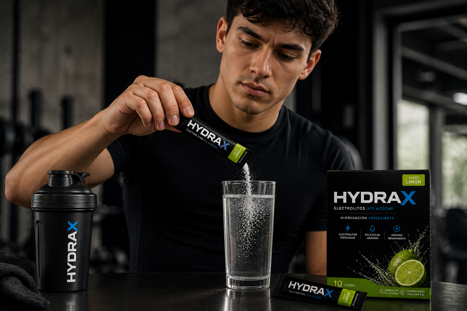 Atleta preparando HydraX en el gimnasio